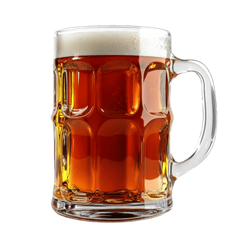 Amber beer in a clear glass mug. png