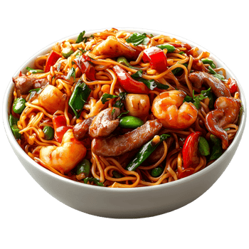 Delicious seafood and pork noodles in a white bowl. png