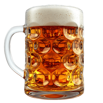 Glass beer mug with frothy beer. png