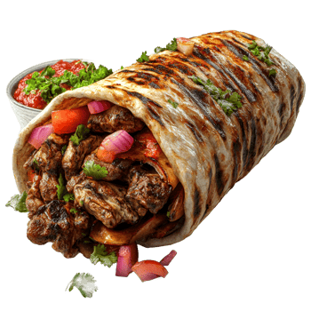 Grilled meat, vegetables, and salsa in a warm tortilla wrap. png