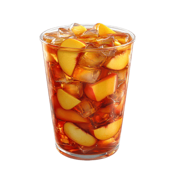 Iced tea with peach slices and ice cubes in a glass. png
