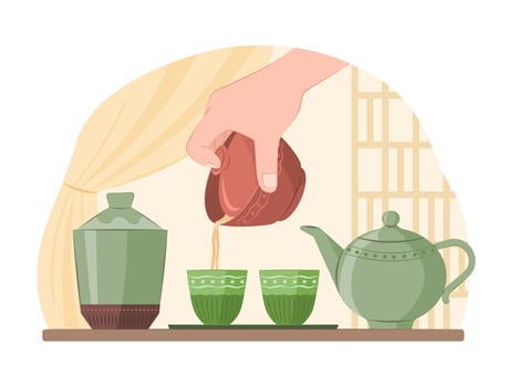 Human Hand Pouring Hot Tea into Chinese Ceramic Tea Cup for Asian Healthy Drinks Concept Illustration vector