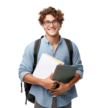University student, holding notebooks, wearing bag , smiling, transparent background png
