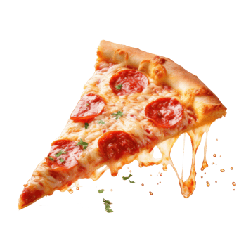Hyperrealistic picture of neat slice of pepperoni pizza, focus on pizza background blurr, floating over transparent background png