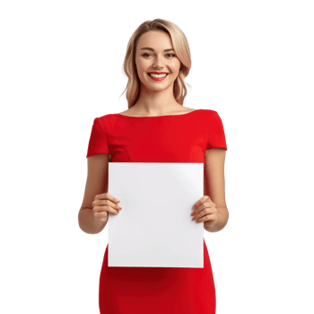 smiling woman in red dress holding a blank paper png