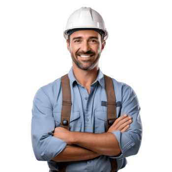 Help create a male engineer prompt. crossed arms and smiling transparent background png