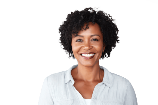 A beautiful south african middle aged woman smiling looking at the camera, transparent background png