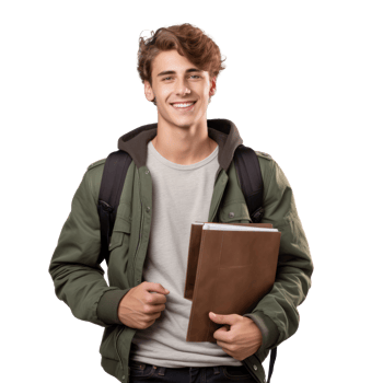 University student, holding notebooks, wearing bag , smiling, transparent background png