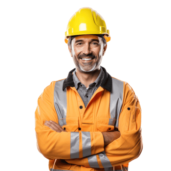 a smiling man in an orange vest and hard hat png