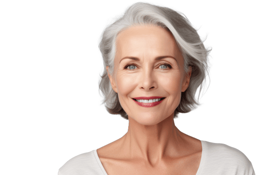 an older woman smiling with her hair in a ponytail isolate on transparent background png