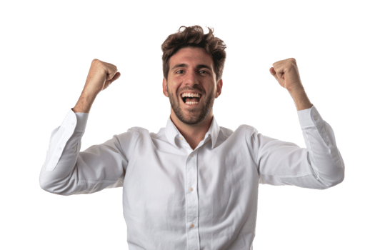 Medium shot smiling young business man celebrating isolated on transparent background png