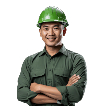 Portrait of attractive Southeast Asian engineer with green hard hat arms crossed smiling, standing isolated on transparent background png