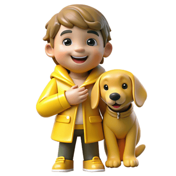 A cartoon boy with a yellow raincoat and a dog png