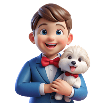 A cartoon boy in a blue suit holding a white dog png
