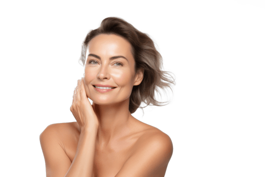 Realistic image of a 50 years old suburban beautiful woman touching her face with clear and smooth skin in a transparent background png