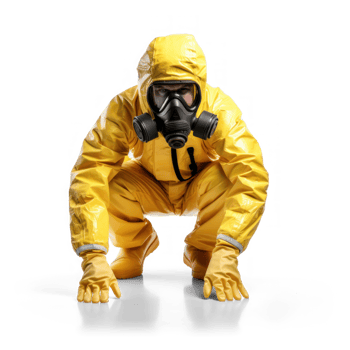 a man in a hazmat suit, tiptoeing, in front of a transparent background png