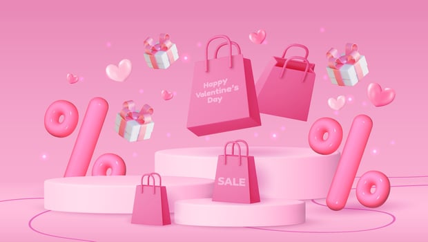 Valentine's day banner featuring a pink gift box, shopping bag, discount balloon and product display podium. Social media template, discount sale promotion, greeting card, voucher web. vector