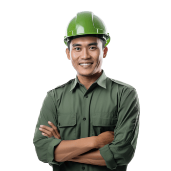 Portrait of attractive Southeast Asian engineer with green hard hat arms crossed smiling, standing isolated on transparent background png