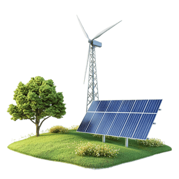 solar panels and wind turbine on a grassy hill with trees png