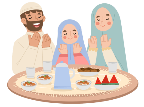 Illustration of a family gathering to pray before the iftar meal png