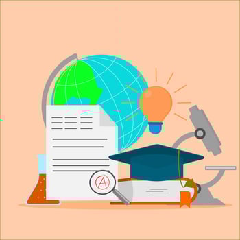 An illustration of a globe, a graduation cap, a paper and a light bulb vector
