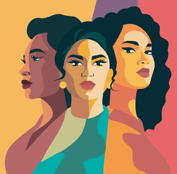 flat banner for International Women's Day, women of different nationalities standing together. Concept of the movement for gender equality and women's empowerment vector