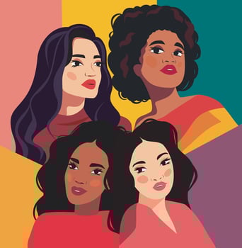 Multi-ethnic women banner illustration. A group of women of different beauty and skin color. The concept of woman, femininity, independence. Concept of the movement for gender equality vector