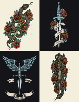 Set of vintage rose knife snake and wings. hand drawn style vector