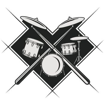 Modern Drum Kit Logo with Drumsticks in Art. vector