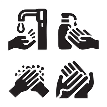 Handwashing and Hand Sanitizer Icons for Hygiene Practices Silhouette on a White Background vector