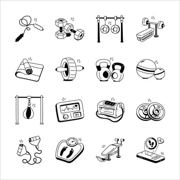 A collection of simple, black and white icons depicting various fitness equipment vector