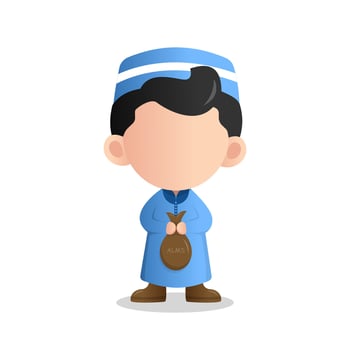 Illustration of an adorable boy character in traditional clothing carrying a bag filled with alms. Suitable for designs with religious themes, charity, or celebrations of the month of Ramadan vector