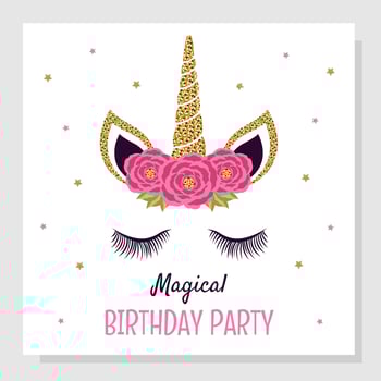 Unicorn birthday party invitation, greeting card. Invitation with unicorn elements and roses. vector
