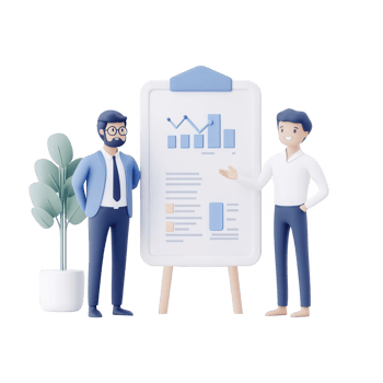 Two professionals discussing strategies with a presentation board. png