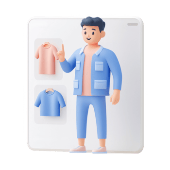 3D character showcasing clothing options in a modern digital platform. png
