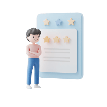 A character evaluates a review form featuring star ratings and feedback. png