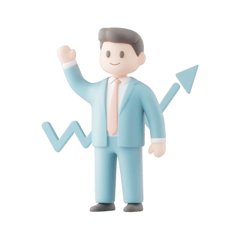 A cheerful businessman celebrating growth and success with a raised hand and a graph. png