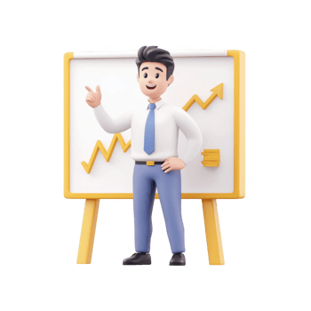 A cheerful businessman presenting growth data on a whiteboard. png