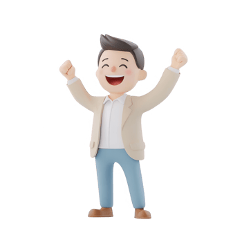 A cheerful cartoon character celebrating success with raised arms and a big smile. png