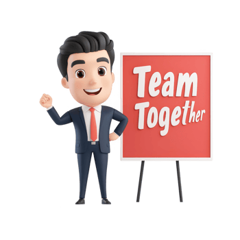 A cheerful character promoting teamwork and collaboration in a professional setting. png