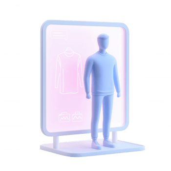 A digital avatar interacting with a virtual garment display in a modern setting. png