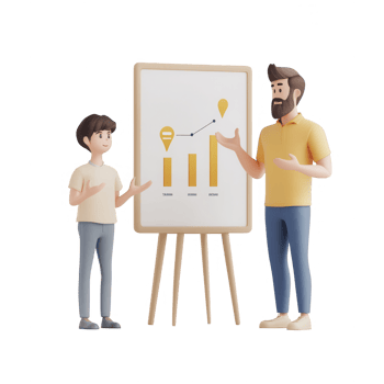 A father and son discussing growth statistics with a chart in a creative setting. png