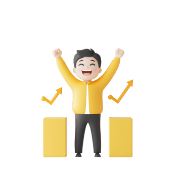 A joyful character celebrating success with upward arrows and a vibrant smile. png