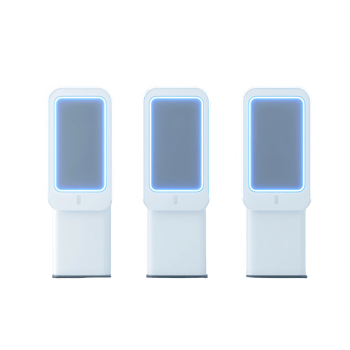 Three modern digital kiosks with illuminated screens in a sleek design. png