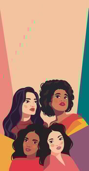 Multi-ethnic women banner illustration. A group of women of different beauty skin color. Femininity, independence. Concept of the movement for gender equality and women's empowerment vector