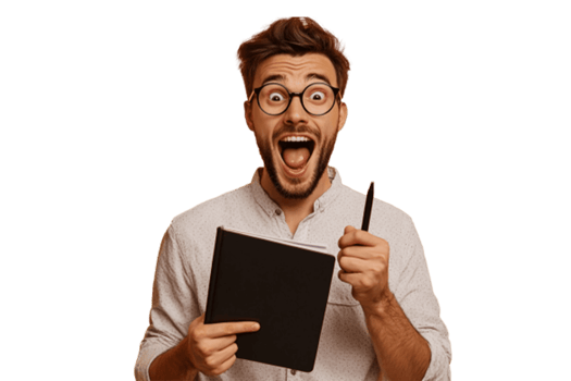A man with glasses and a pen holding a notebook png