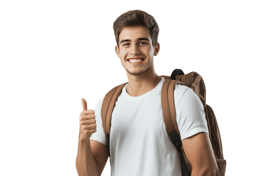 A young man with a backpack and thumbs up png