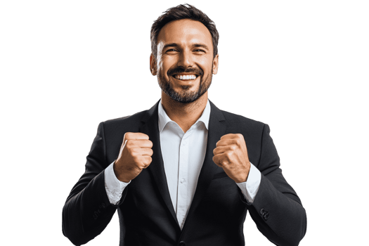 A man in a suit is smiling and showing his fists png