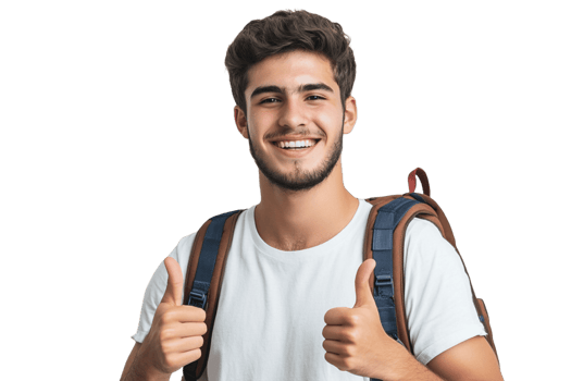 A young man with a backpack and thumbs up png