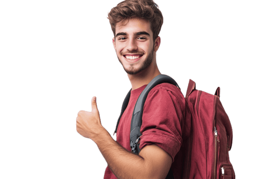 A young man with a backpack and thumbs up png